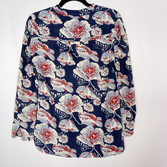 Tory Burch Size 2 Navy Blue Gray Red Floral Printed Long Sleeve Silk Blouse Top - Picture 2 of 10